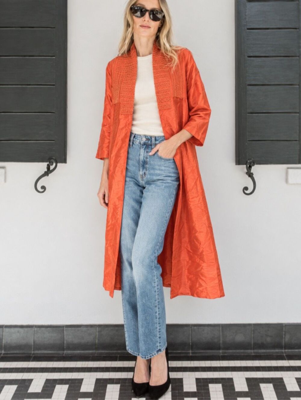 NWT Julia Amory Beaded Dupioni Silk Duster Coat Coral Orange XS, $428